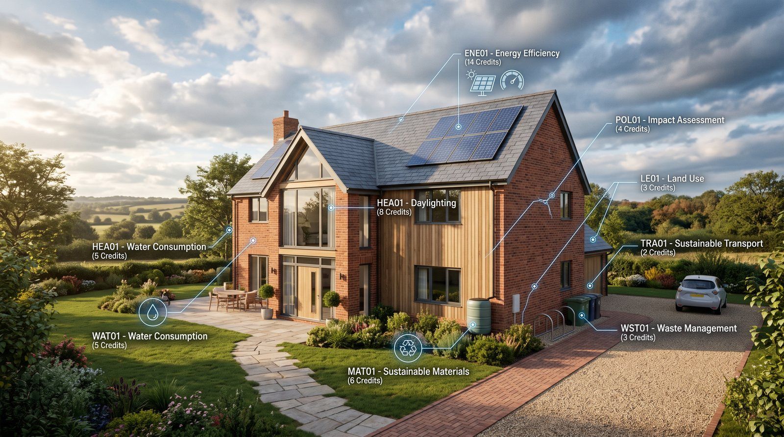 Illustrative BREEAM pre-assessment: building with weighted category scores, credit tracker and target rating band
