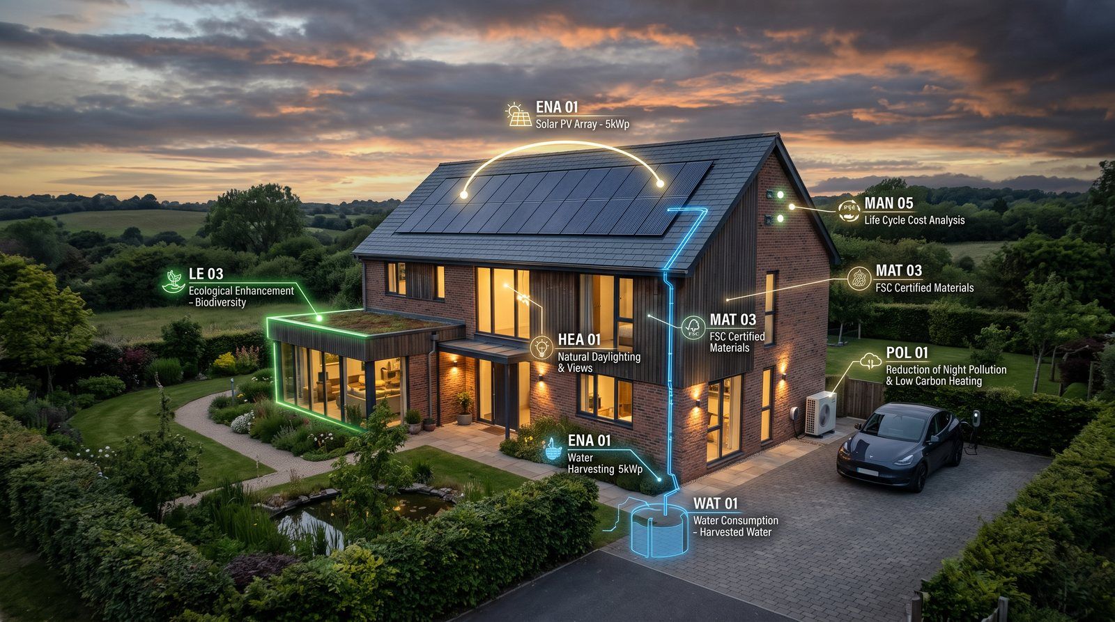 Illustrative BREEAM pre-assessment: building with weighted category scores, credit tracker and target rating band