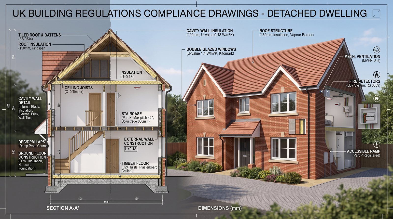 Illustrative Building Regulations compliance drawings: dimensioned house section and labelled construction details