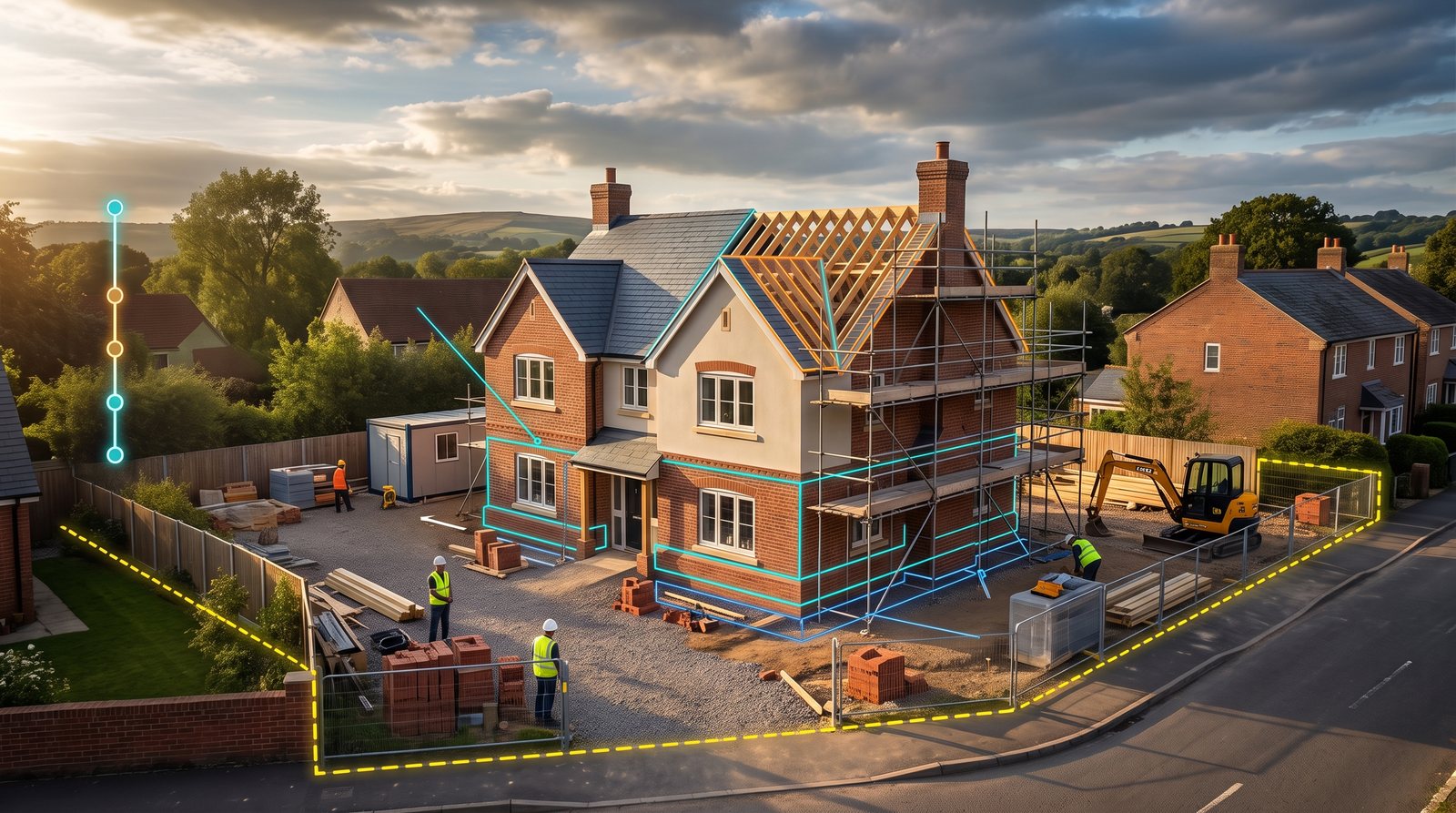 Illustrative construction management plan: site setup with access routes, delivery management, hoarding, dust and noise controls