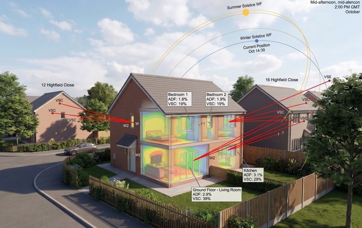 Illustrative daylight and sunlight assessment: cutaway house with room-by-room daylight heatmaps, VSC sightlines and sun paths