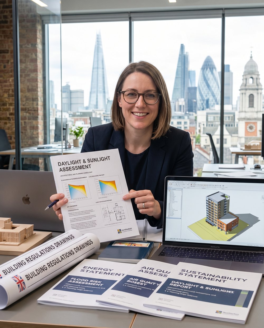 Fortress Associates planning consultant presenting daylight and sunlight, Building Regulations, flood risk, air quality, energy and sustainability reports at a London office