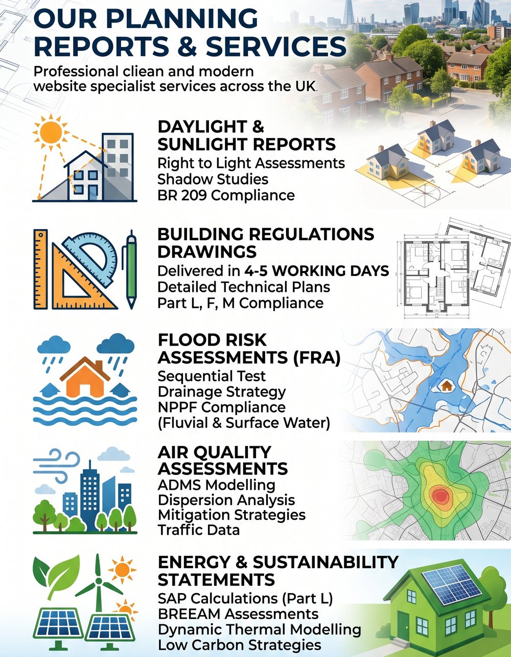 Our planning reports and services: daylight and sunlight, Building Regulations drawings, flood risk assessments, air quality assessments and energy and sustainability statements across the UK