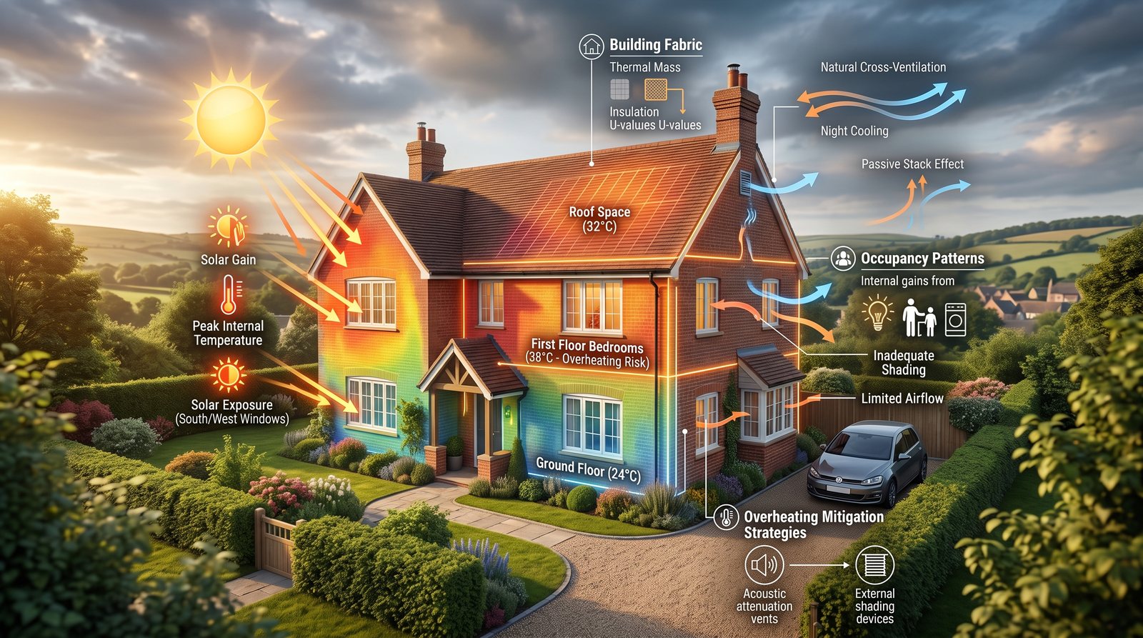 Illustrative overheating assessment: house showing solar gains, glazing orientation, shading and cross-ventilation paths