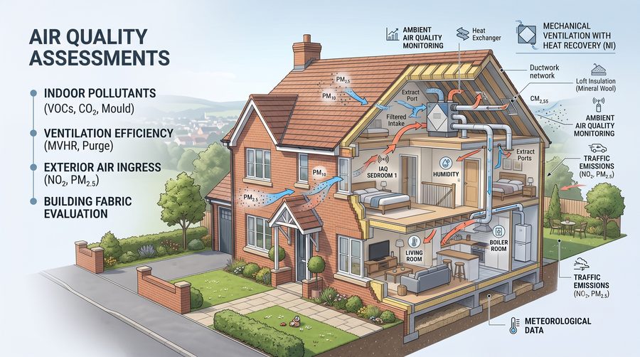 Illustrative air quality assessment: cutaway house showing indoor pollutants, ventilation with heat recovery and traffic emissions
