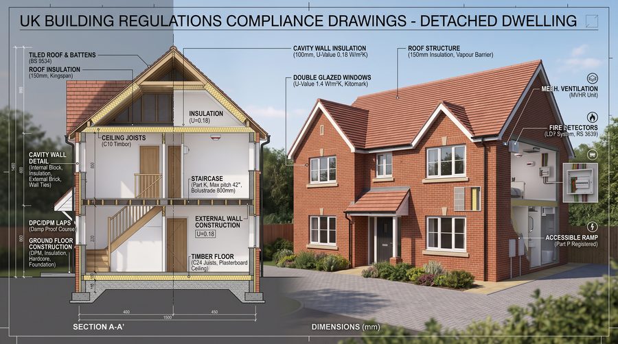 Illustrative Building Regulations compliance drawings: dimensioned house section and labelled construction details