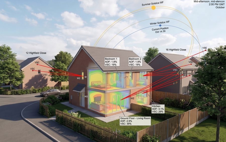 Illustrative daylight assessment render: cutaway house with daylight heatmaps and VSC sightlines