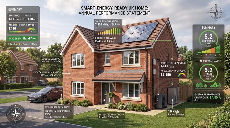 Illustrative energy statement: home with solar PV generation, air source heat pump, battery storage and estimated carbon savings