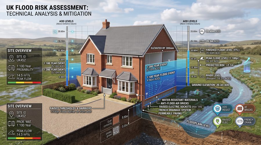 Illustrative flood risk assessment: house with modelled flood levels, finished floor level and mitigation measures