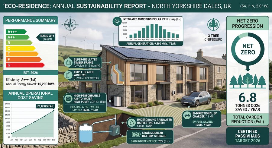 Illustrative sustainability report: eco home with solar roof, heat pump, rainwater harvesting and net zero progression