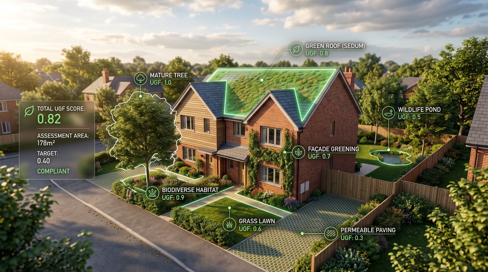 Illustrative Urban Greening Factor assessment: colour-coded site plan with green roofs, trees, planting and permeable surfaces scored to Table 8.2