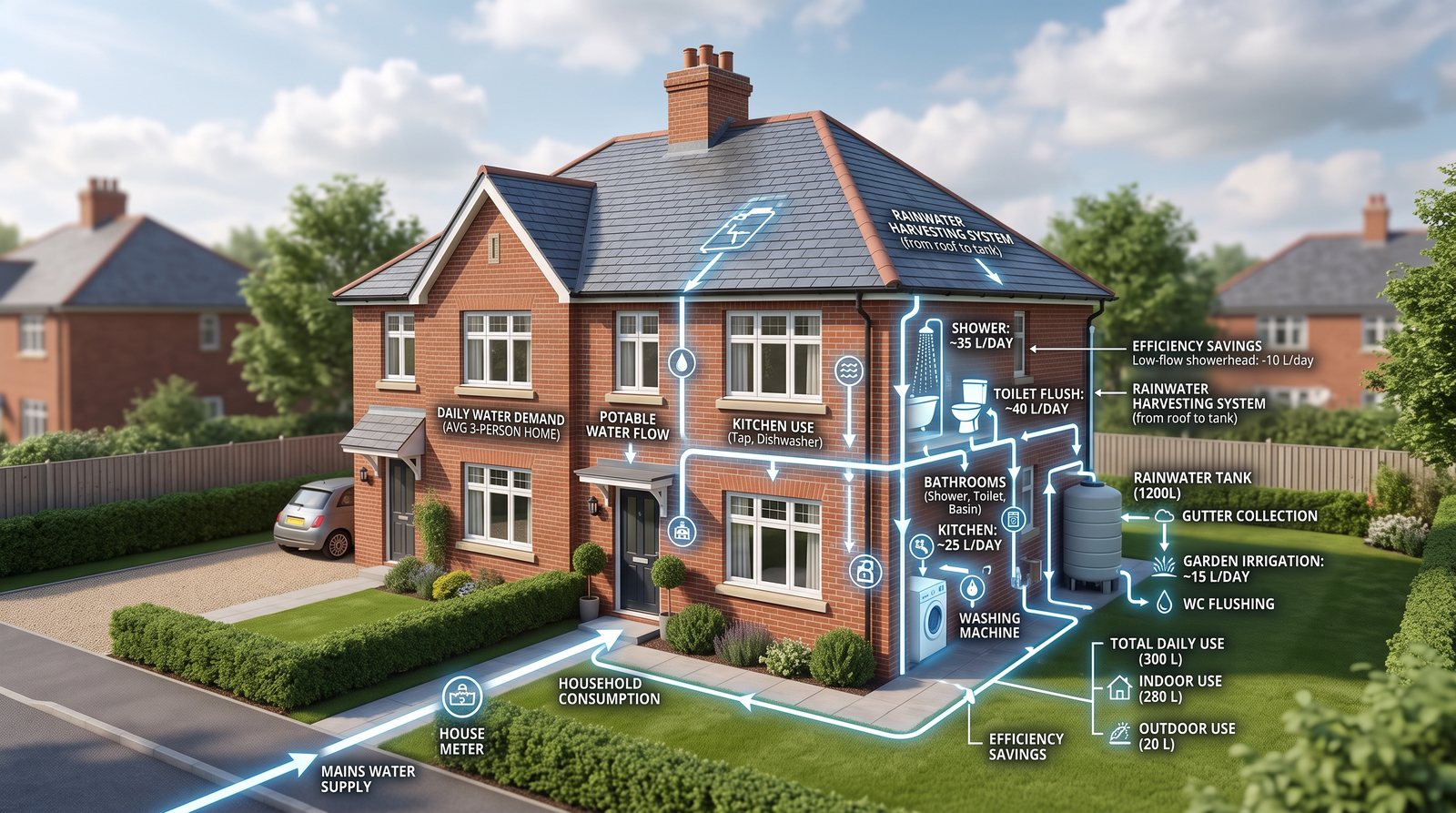 Illustrative water efficiency calculation: house with water fittings, flow rates and the 110 litres per person per day target